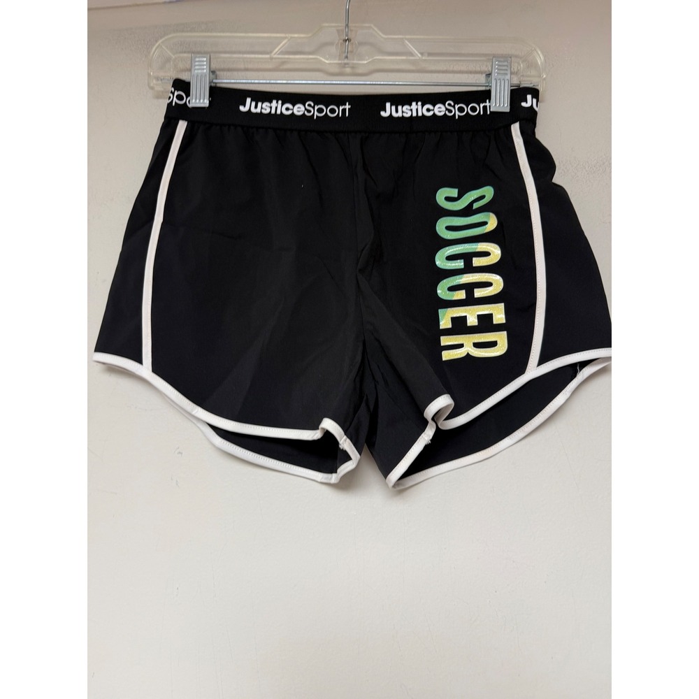 Justice Sport Soccer Shorts Girls L 12/14 Black NWT Athletic Graphic Logo 305332